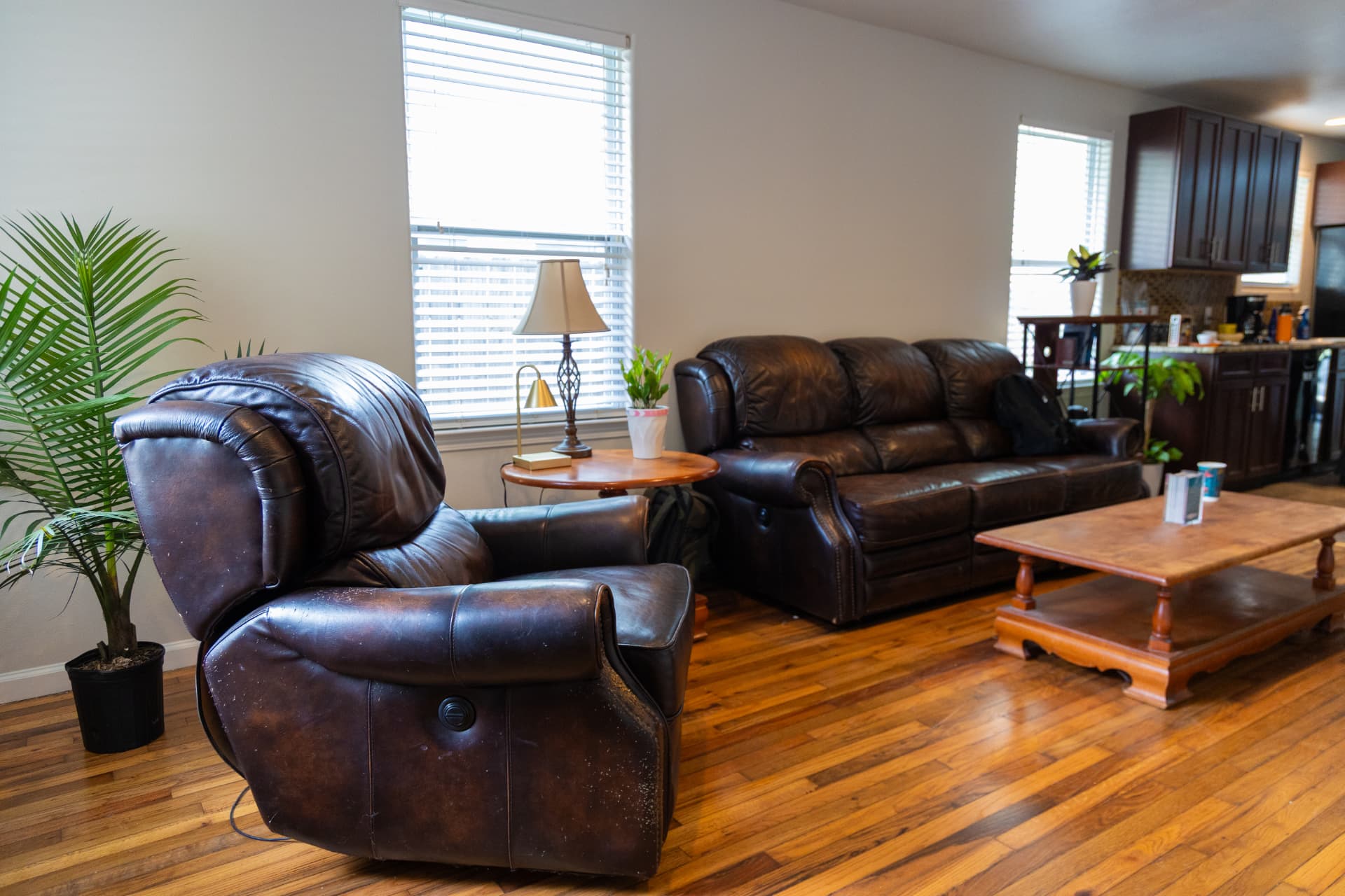 Living room with leather recliner and sofa beside the kitchen